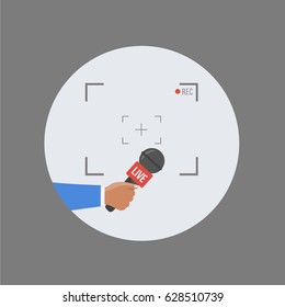 focus TV and live with camera frame & record vector. Human hand & modern mic with news. Journalism concept & creative Microphone and one journalist cartoon modern flat design clean icon button for web