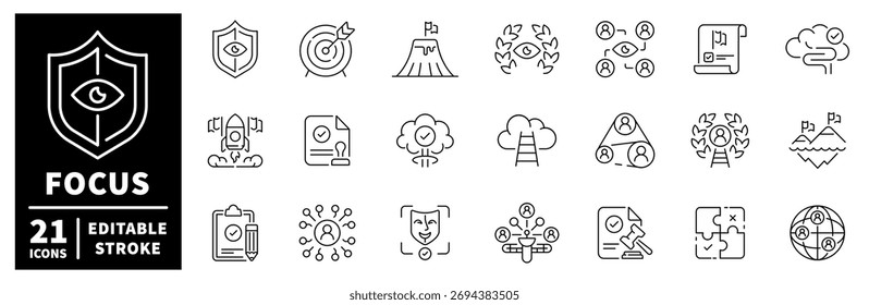 Conjunto de iconos de línea editables de enfoque y visión. símbolos de estrategia y logro de objetivos