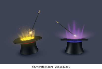 Focus wizard hat with magic wand circus magician trick sparkling light set realistic vector illustration. Magical miracle illusion witchcraft performance pink yellow glistering sorcerer imagination