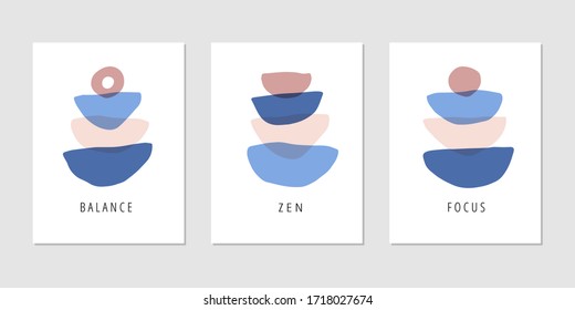 Focus, zen, mindfulness flat vector posters set. Motivational drawings collection isolated on white background. Creative print, t shirt design element. Balance, harmony and wellbeing concept