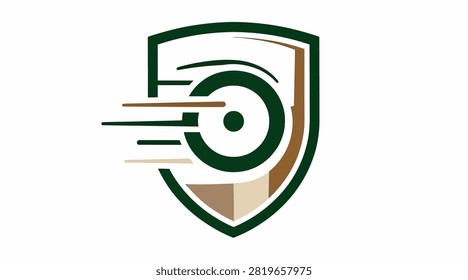 Focus-driven cycling wheel emblem for speed-oriented racing or repair shop branding.