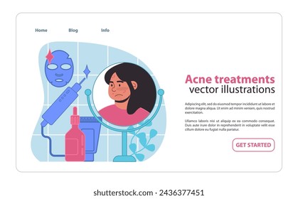 Focused acne treatment process. Woman reviewing her facial skin condition. Skincare routine illustration. Flat vector graphic.