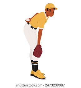 Focused Baseball Pitcher In Yellow Jersey And White Pants Holding A Ball. Athlete Is Poised, Showing Determination And Readiness, Wearing A Glove And Cap. Concept of Sports, Teamwork And Determination