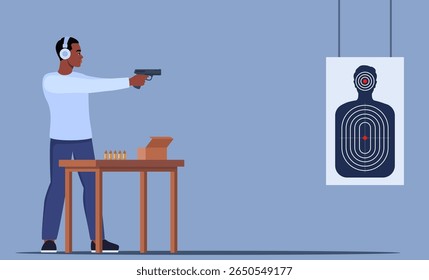 Focused Black man Practicing Shooting Skills At Indoor Range. Male Character In Ear Protection Stands Confidently, Aiming Pistol At Target. Vector illustration