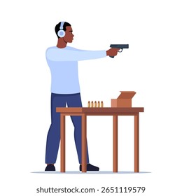 Homem Negro Focado Praticando Habilidades De Tiro Em Campo Fechado. O Personagem Masculino Na Proteção Do Ouvido Fica De Pé Confidentemente, Apontando Uma Pistola. Ilustração vetorial