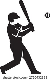 Una silueta enfocada en blanco y negro de un jugador de béisbol en la acción de balancear un bate en una pelota lanzada, capturando un momento clave en el juego.