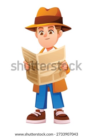 Focused boy detective reading a large newspaper to find hidden clues and news. Vector cartoon character illustration