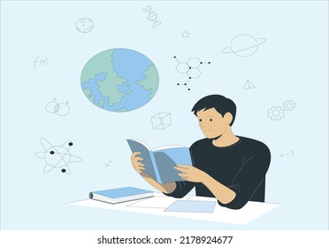 Focused Boy Learning His Lessons. Little Cute Boy Kid Reading A Book Looking. World Map, Globe, Chemistry Bond Etc. Flat Style Cartoon Character Vector