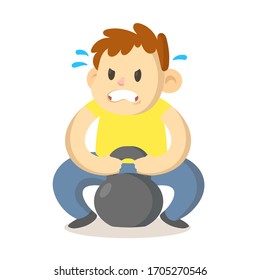 Focused boy trying to lift up a heavy sports weight, cartoon character design. Colorful flat vector illustration, isolated on white background.