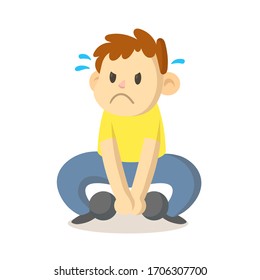 Focused boy trying to lift up a heavy dumbbell, cartoon character design. Colorful flat vector illustration, isolated on white background.