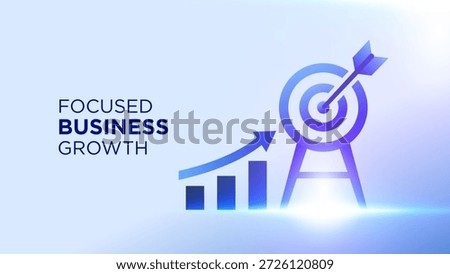 Focused business growth strategy target concept illustration with arrow, bar chart, and bullseye symbol. Modern blue vector design representing goal achievement, planning, and corporate success.