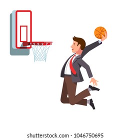 Focused business man jumping holding ball performing basketball hoop slam dunk. Effort in achieving business goals & success metaphor. Flat style vector illustration isolated on white background