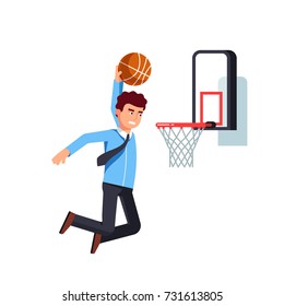 Focused business man jumping holding ball performing basketball hoop slam dunk. Effort in achieving goals & success metaphor. Flat style vector illustration isolated on white background.