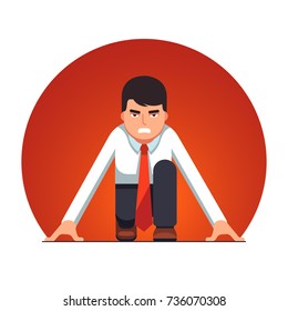 Focused business man in starting position beginning a sprint race. Metaphor of start up entrepreneurship. Flat style vector illustration isolated on background.