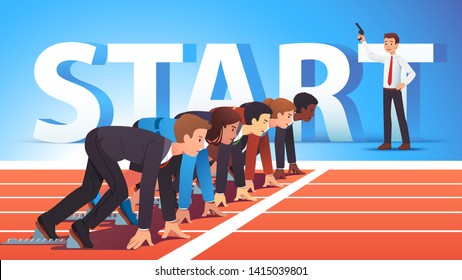 Focused Business People Group Managers & Entrepreneurs Man, Woman Standing Ready For Run Sprint Competition On Race Track Start Line Waiting Starter Pistol Signal. Flat Vector Character Illustration