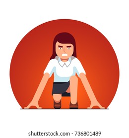 Focused business woman in starting position beginning a sprint race. Metaphor of start up entrepreneurship. Flat style vector illustration isolated on white background.