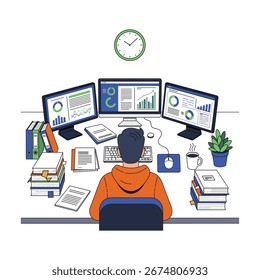 Focused businessman analyzing data on multiple monitors, office workspace, data analysis, vector graphics, professional scene, modern flat design, productivity, digital interface, business.