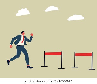 A focused businessman running toward hurdles, representing overcoming business challenges, persistence, and determination in achieving goals