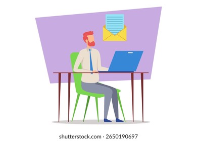 Focused businessman sitting at chair working on laptop in simple and modern workspace. Envelope graphic above, suggesting email communication