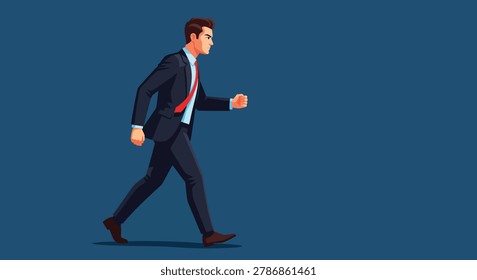 Focused businessman in a suit confidently strides forward against a solid blue backdrop, representing progress and determination in business.