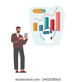 Focused Businessman Utilizes An Artificial Intelligence Assistant To Analyze Data Charts, Blending Human Insight With Cutting-edge Technology For Enhanced Decision-making In Corporate Realm, Vector