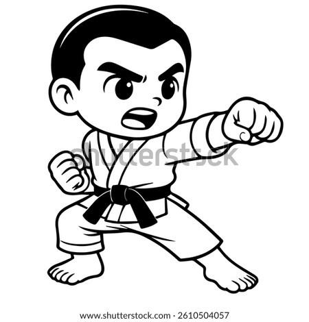 A focused cartoon boy in a karate uniform and black belt delivers a powerful punch, illustrating the intensity of martial arts training.