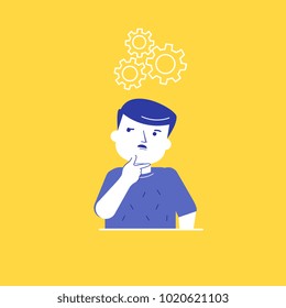 Focused caucasian white man thinking while standing under cogwheels. Thinking man during the process of ideas generation. Concept of idea, innovation . Vector cartoon illustration. Square layout