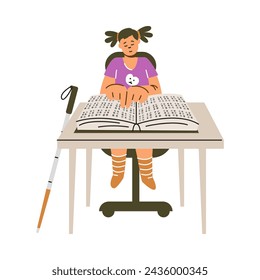 A focused child engrossed in reading a braille book. Vector illustration depicts literacy and learning for the visually impaired