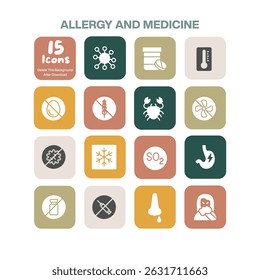 A focused collection of 15 flat design icons representing allergy and medicine concepts including allergens symptoms and medical treatments perfect for healthcare related projects