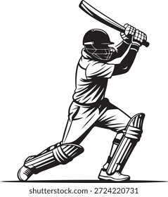 Jugador de cricket enfocado en equipo completo listo para golpear la pelota con potencia y precisión.