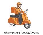 Focused delivery worker on an orange scooter with a delivery bag, illustrating convenience in food service logistics
