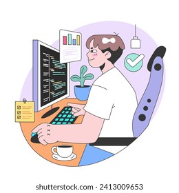 Focused developer concept. A man engrossed in coding on dual screens, managing tasks, and analyzing data. Sipping coffee in a cozy workspace. Productive work routine. Flat vector illustration