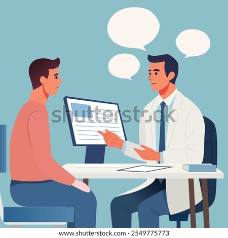 A focused discussion between a doctor and patient, reviewing medical documents in an office setting.