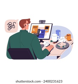 Empleado centrado intenta trabajar con basura en la mesa. El ajedrez sobre el escritorio perturba la concentración de atención, molesta a los trabajadores concentrados, tiene en mente el desorden. Ilustración vectorial aislada plana en blanco