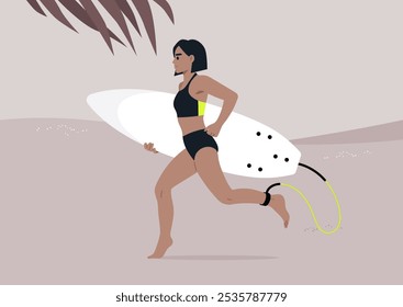 With a focused expression, a female surfer sprints along the sandy beach toward the glistening ocean, carrying a surfboard, eager to embrace the thrill of riding the waves