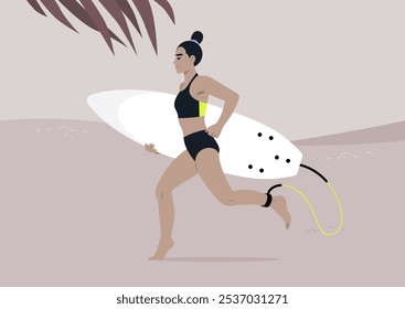 With a focused expression, a female surfer sprints along the sandy beach toward the glistening ocean, carrying a surfboard, eager to embrace the thrill of riding the waves