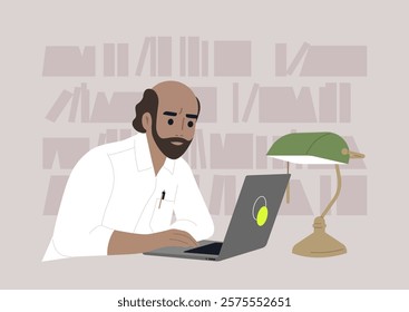 With a focused expression, a professor types intently on a laptop in a cozy library adorned with books and soft lighting, immersed in academic pursuits and research