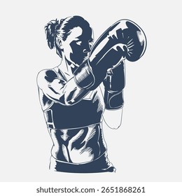 Boxe feminino focado usando luvas na postura de luta, treinamento de artes marciais ou ilustração de vetor de esportes de combate, isolado no fundo branco