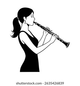 Focused Female Clarinet Player Performing Clarinet Music on Pure White Backdrop