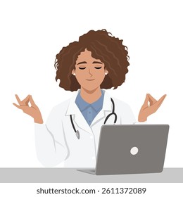 Focused female doctor takes a mindful moment at her desk, meditating in front of a laptop. Flat Vector character illustration