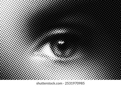 Focused female gaze, black and white vector illustration showcasing a human eye with a halftone dotted screen, producing a unique visual effect.