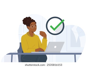 Focused female professional conducting quality checks on a laptop, reviewing work accuracy, and ensuring high standards in a modern workspace.