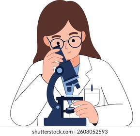 A focused female scientist in glasses studies a sample under a microscope, embodying curiosity and precision in a clean laboratory setting.