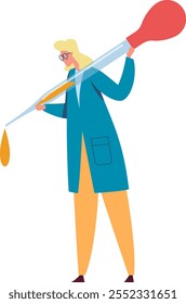 Focused female scientist in a lab coat drops orange liquid into a beaker with a giant pipette in a laboratory. Surrounded by scientific equipment. Conveying discovery and innovation in chemistry