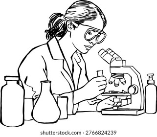 A focused female scientist in a lab coat and goggles looks through a microscope with samples and equipment.