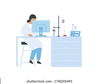 Focused female scientist sitting at desk working on computer vector flat illustration. Woman in white coat at science laboratory isolated on white background. Scientific research and analyzing