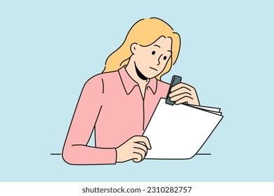 Focused female secretary stapling paperwork in office. Concentrated woman employee busy with organizing paper document at workplace. Vector illustration. 