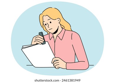 Focused female secretary stapling paperwork in office. Concentrated woman employee busy with organizing paper document at workplace. Vector illustration.