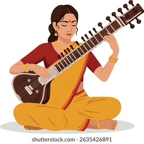 Focused Female Sitarist Performing Traditional Sitar Music Isolated on Pure White