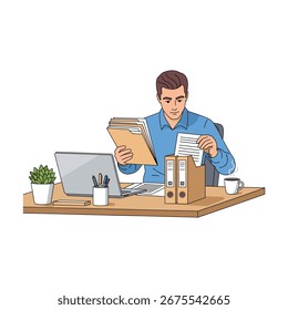 Focused freelance man reviewing documents at desk, modern line art style illustration, productivity, professional workspace, digital work, organized concept.